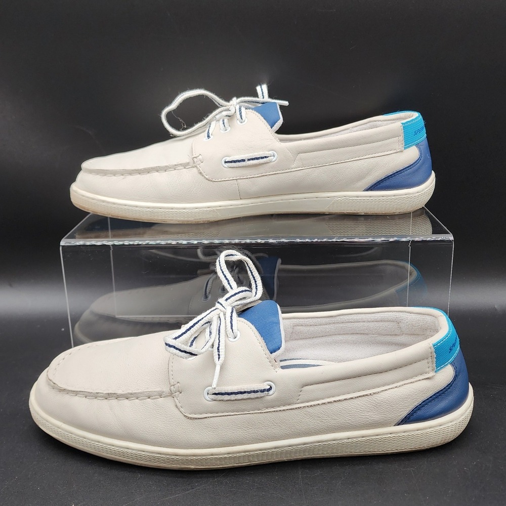Sperry Size 13 M White Blue Leather Boat Shoes Nautical Preppy Coastal Casual LO